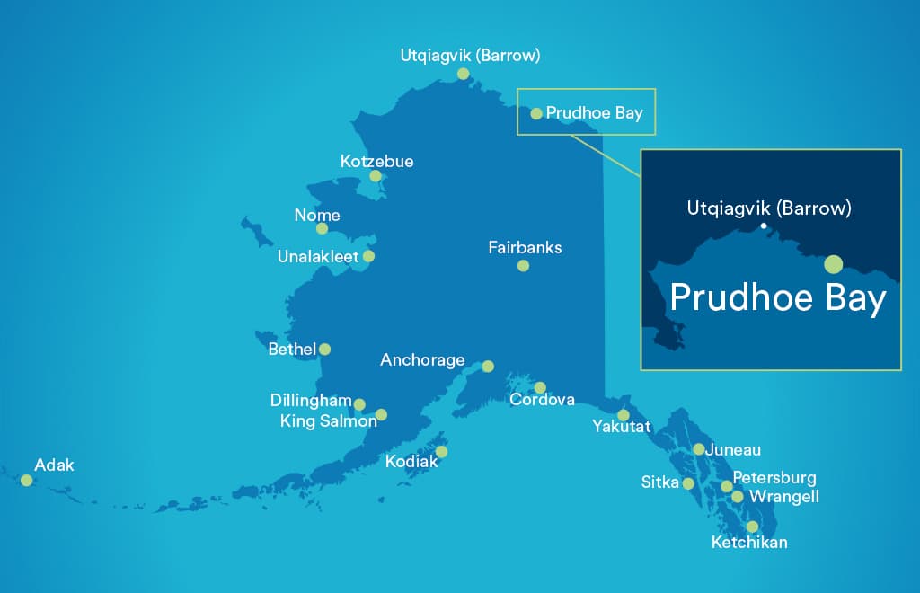 State of Alaska map with Prudhoe Bay highlighted