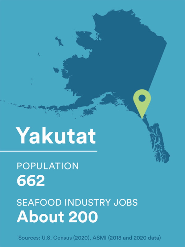 Yakutat map with population stat (662) and seafood jobs (about 200)