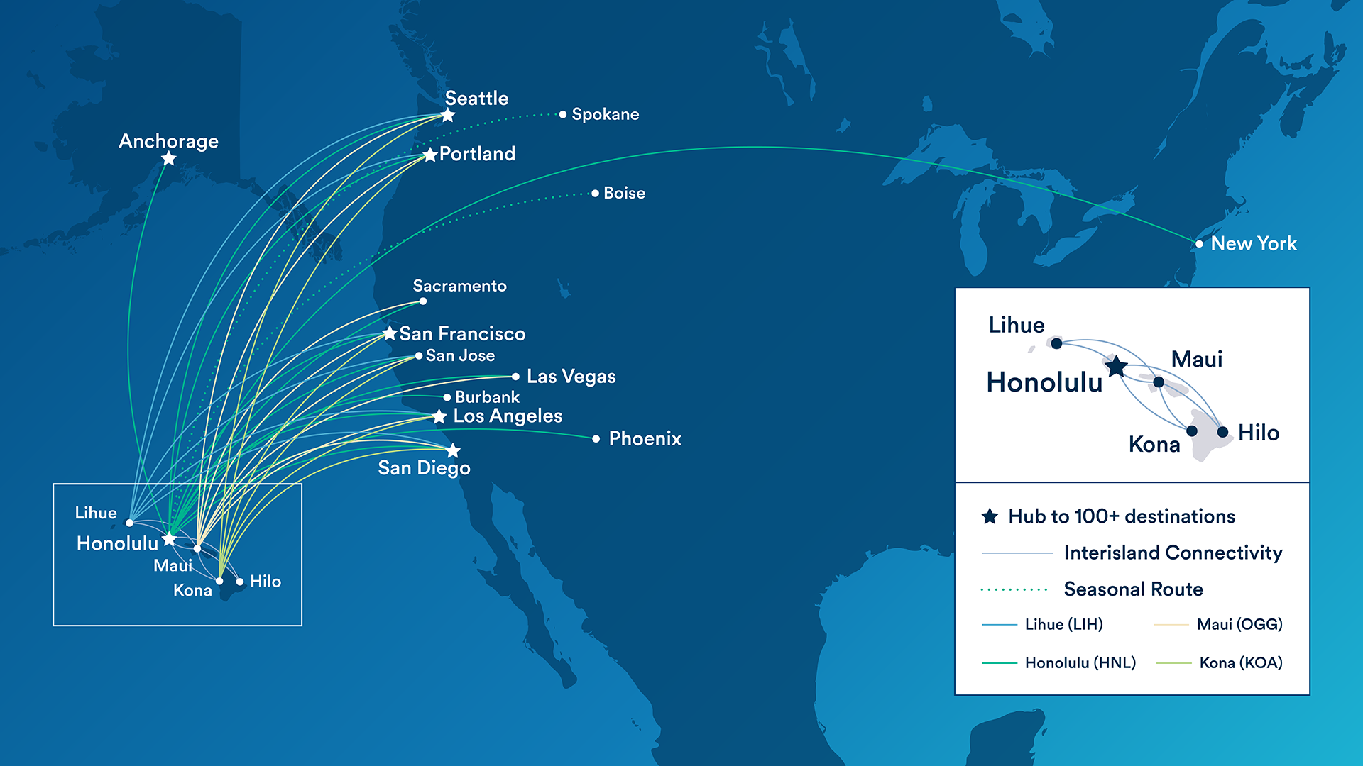 Map showing routes between Hawaii and domestic U.S. destinations.